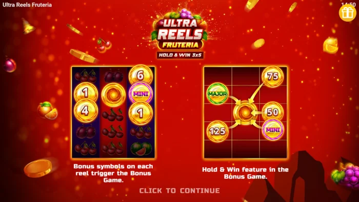Ultra Reels Fruteria – pradinis meniu ir paleidimo mygtukas